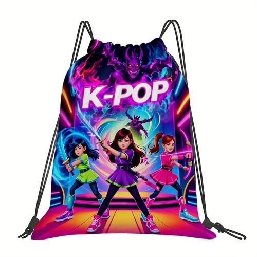 1 k anime pattern print drawstring backpack bright character design durable oxford cloth with pockets for easy carrying travel