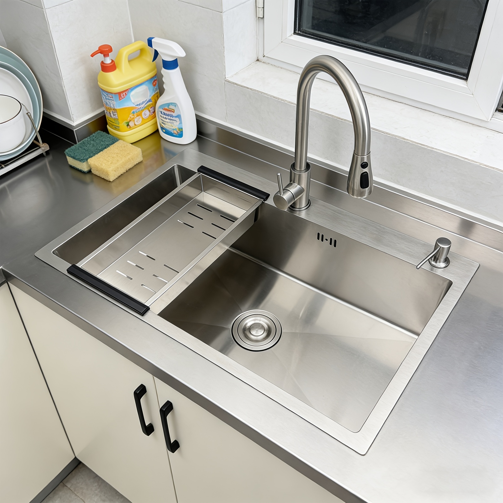 Image of Stainless Steel Brushed Sink, Large-capacity Kitchen Sink With Drain Rack, Silvery Above-counter Basin With Drain Kit, Kitchen Sink, 80x50cm