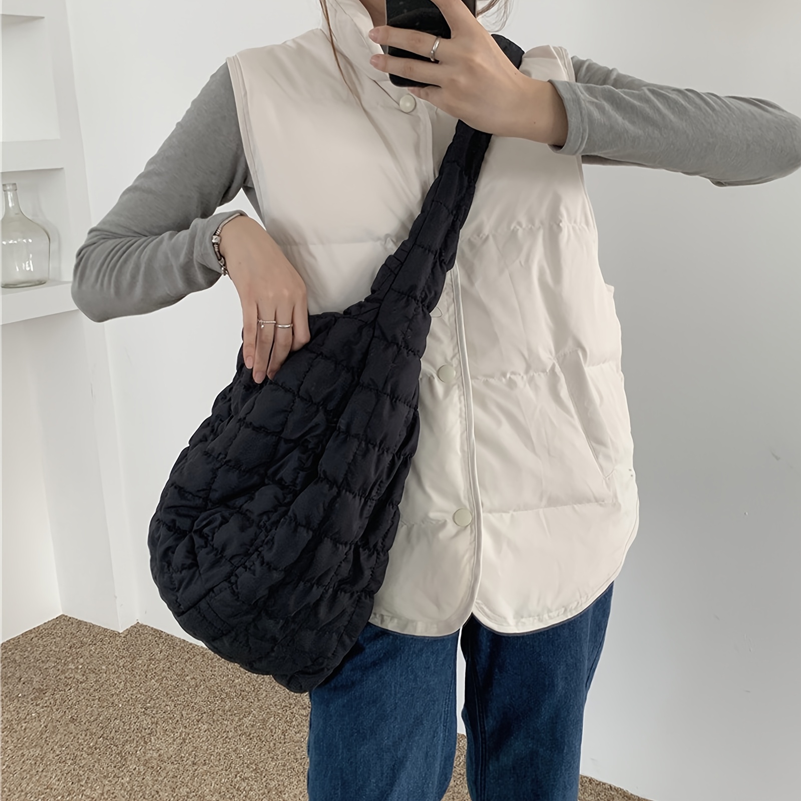 Quilted Puffer Tote Bag Fashion Single Shoulder Bag Quilted Bag Handbag For Women Casual Handbag With Zipper Closure For Travel, Work, Daily Use