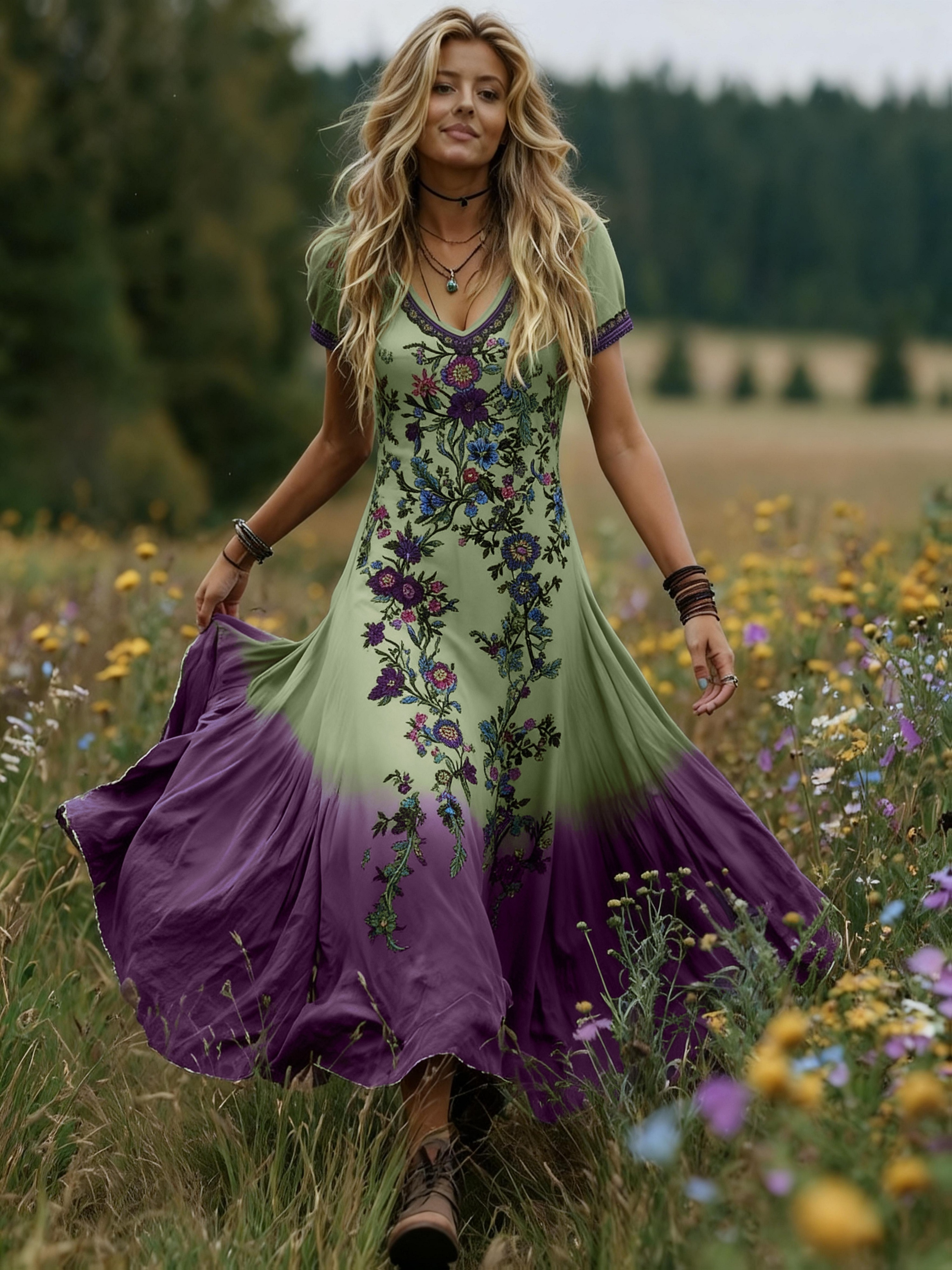 strapless open back dress Women Summer Vintage Flower Split Hem V-Neck Dress – BUYKUD