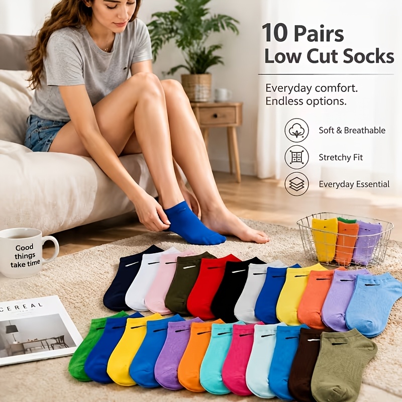 TEMU Random 10-pair Women' And Premium Solid Color Everyday Casual Short Socks, Versatile And Universal For Indoor, Outdoor, And Home Use,
