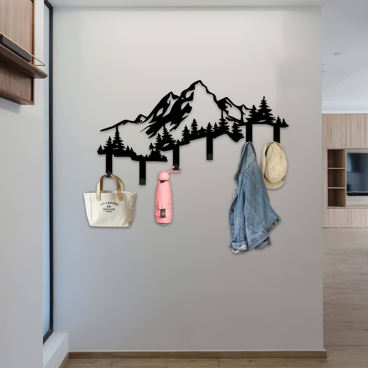 

Bohemian Metal Key & Clothes Hooks - Mountain And Hill Design, Entryway Organization, Office, Kitchen, Restroom Decor - 15.74" Wall Art, Home Decor