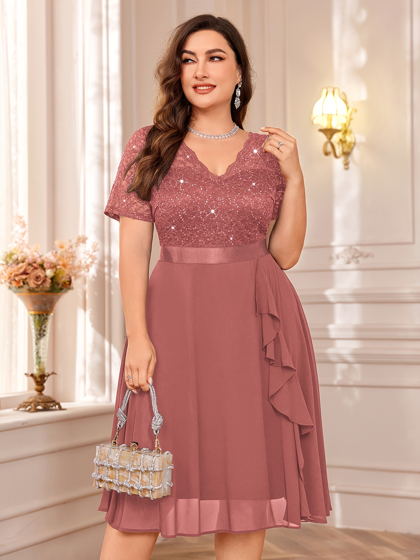 Plus Size - Plus Size - New Popular Elegant Sequin Lace V-Neck Chiffon  Ruffle Trim Evening Party Swing Dress, Wedding Guest Dress, Summer Dress,  for Birthday, Graduation, Vacation, Homecoming
