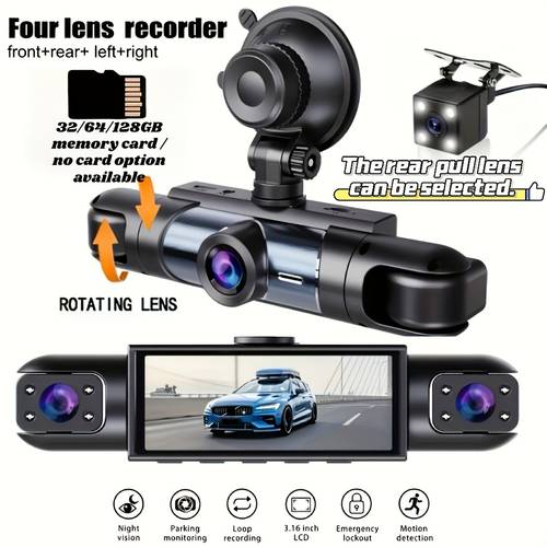true four channel three channel front 1080p fhd rear 720 omnidirectional recording gravity sensor loop recording automatically overwrites the parking monitoring automatically records