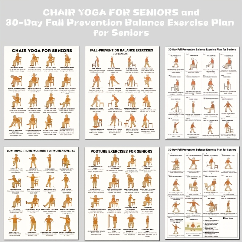 TEMU Programme d'exercices d' -chute de 30 jours pour seniors et affiches d'entraînement de yoga sur chaise, du yoga sur chaise, exercices d' -chute,