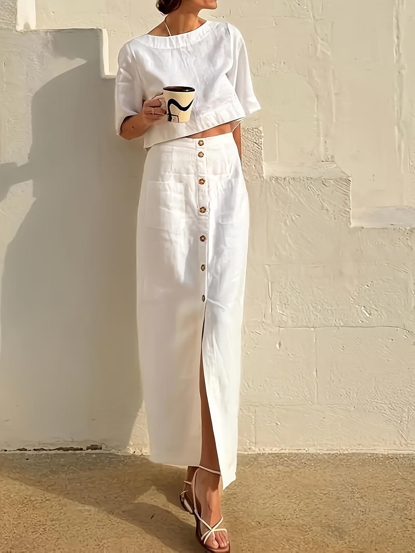 simple elegant white two piece set short sleeved top Temu