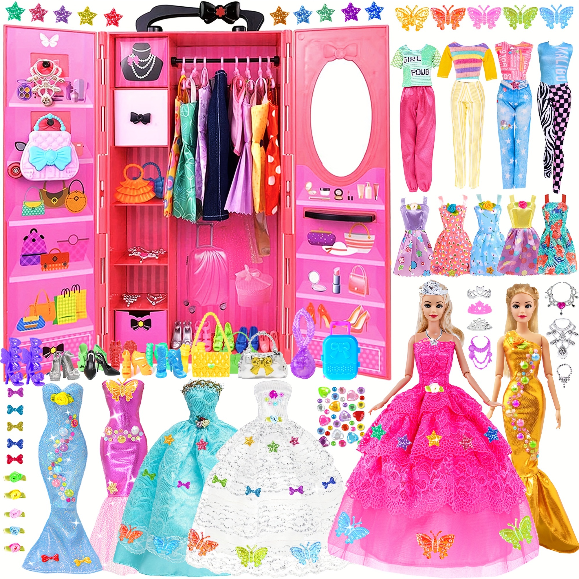 

139pc 11.5 Inch Doll With Closet Clothes And Accessories Play Set Including Doll, Wedding Dress, Outfits, Shoes, Hangers, Necklaces And Diy Stickers ( Doll)