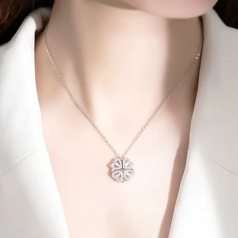 convertible 4 heart flower necklace for women two way wear interlocking pendant with sparkling crystals stainless steel for daily party wear heart necklace versatile accessory intricate setting fashion statement stylish accessory womens fashion Product details 3