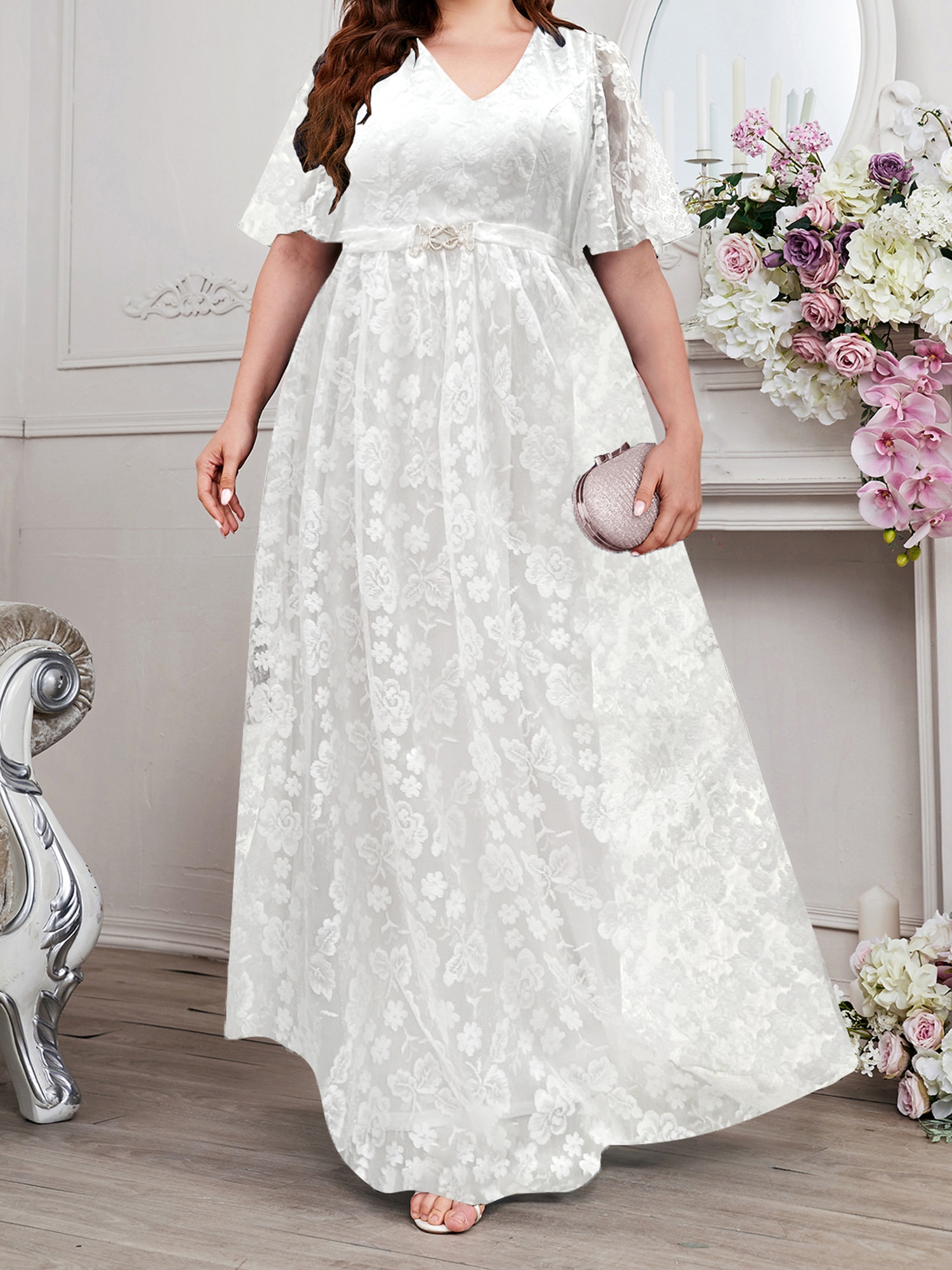 Floral Plus Size White Flowy Dress Women's Floral Lace Long Dress
