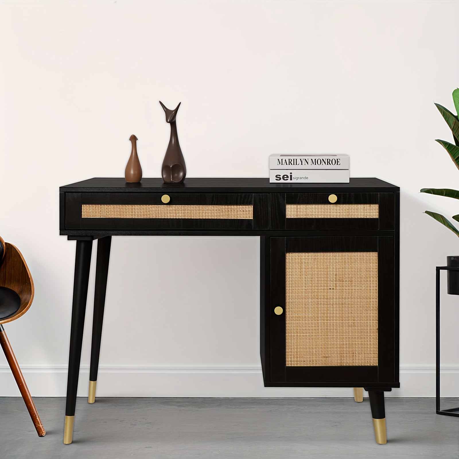 Yvsevnr Rattan Vanity Desk WithDrawers and Storage, Black Make up Vanity Table Modern Home Office Desk Computer Desk for Bedroom Study D0005