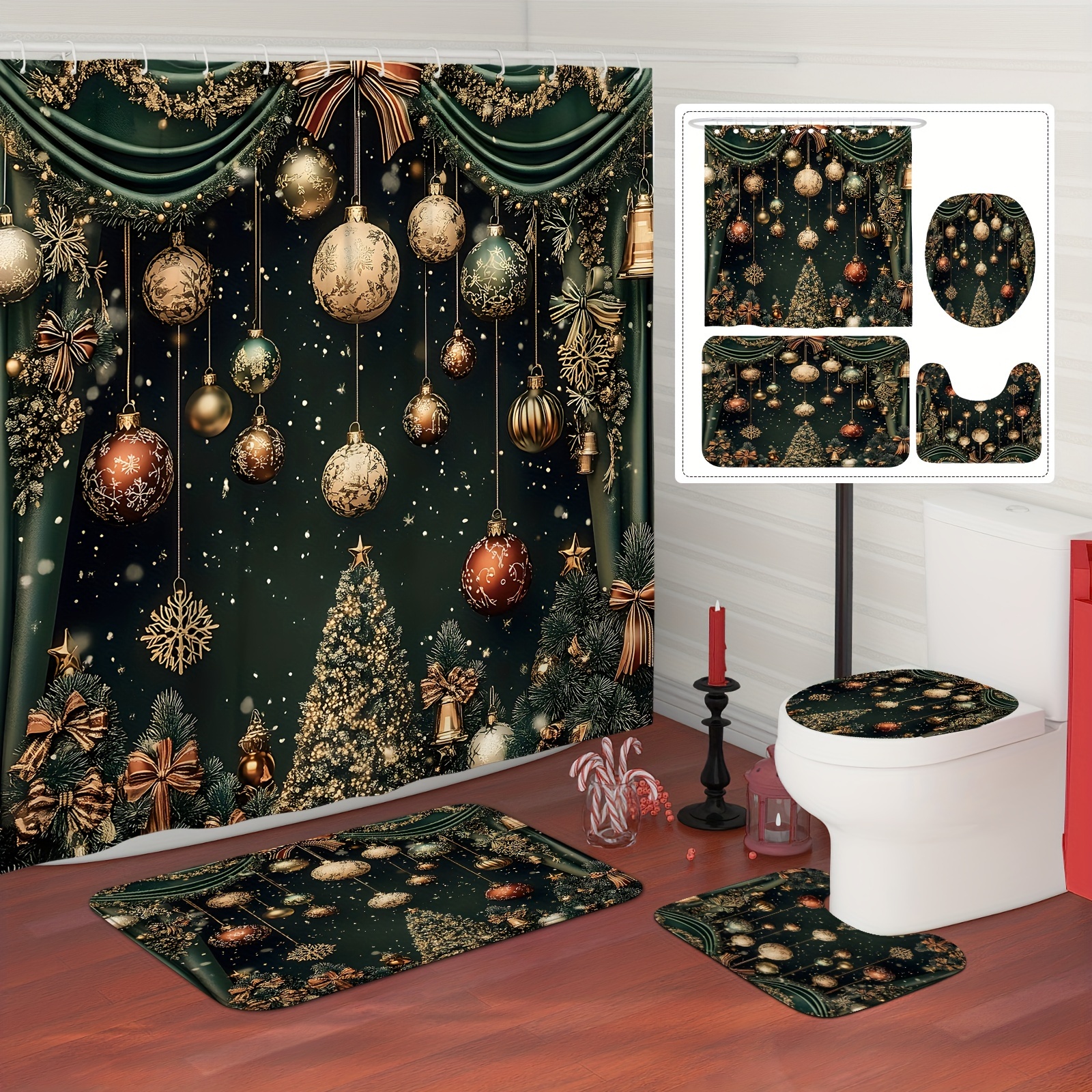 

/4pcs Christmas Red Curtain Set Curtain And Rugs Polyester For Bathroom Or Decor 12 Bath Mat Lid Mat