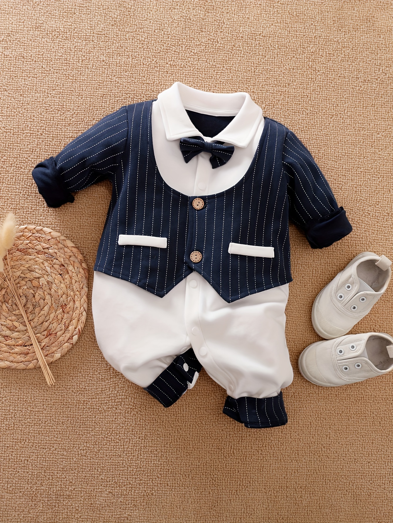 newborn boys' long sleeve gentleman romper navy blue white Temu