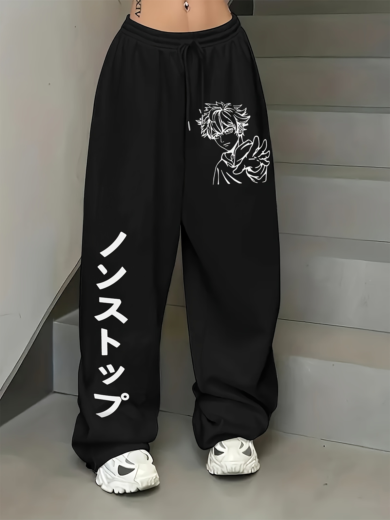 womens anime joggers black polyester straight Temu