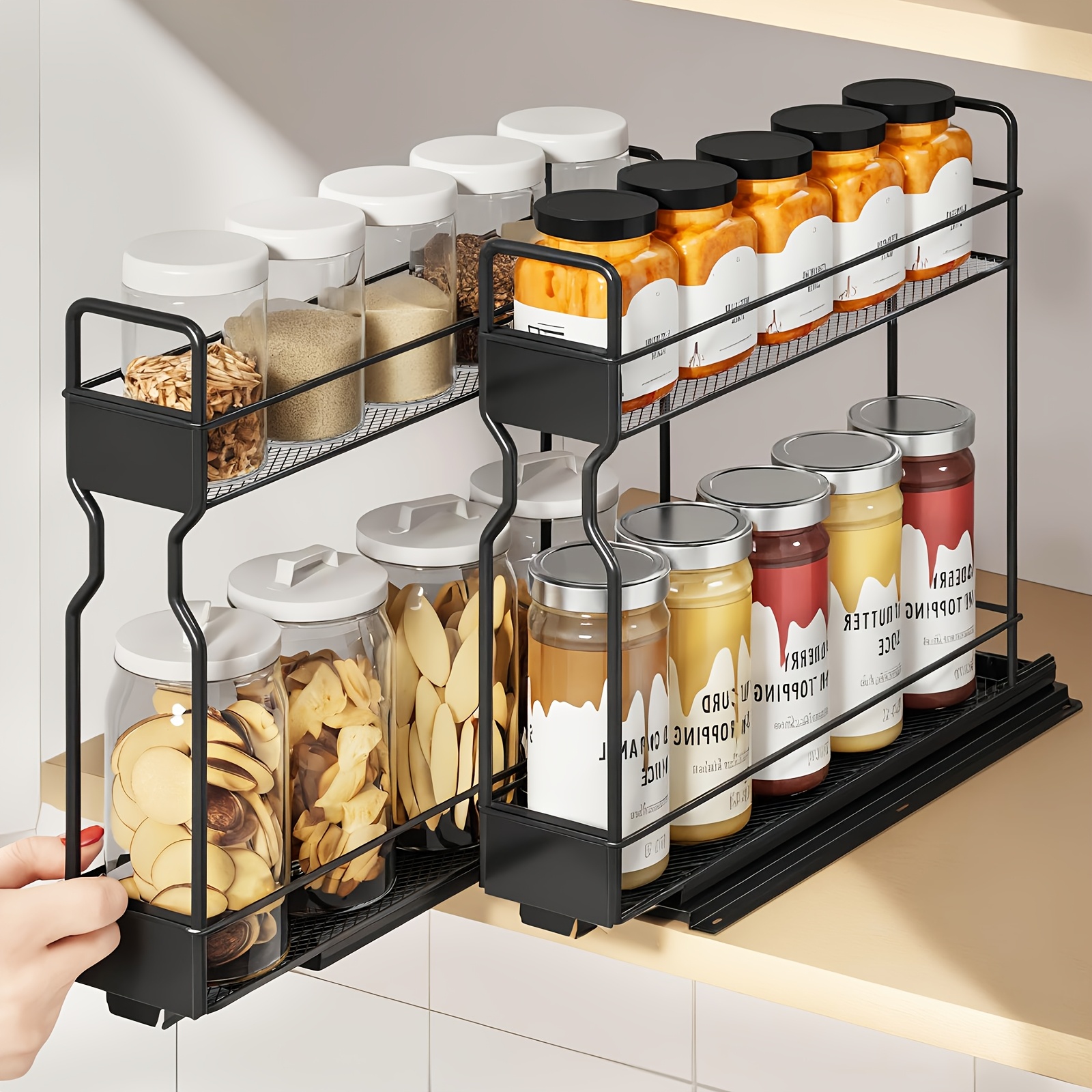 Spice Rack Organizer For Cabinet, 2-tier Pull Out Spice Organizer For Cabinet Height Adjustable Heavy Duty Metal Basket For Inside Cabinets & Pantry Closet