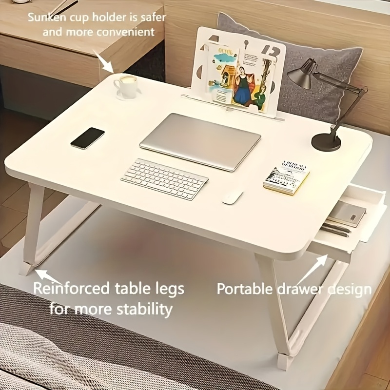 E-shop Klappbarer Nachttisch mit Schublade und Getränkehalter-Slot – Zweckmäßiger Laptop-Tisch für Zuhause & Büro