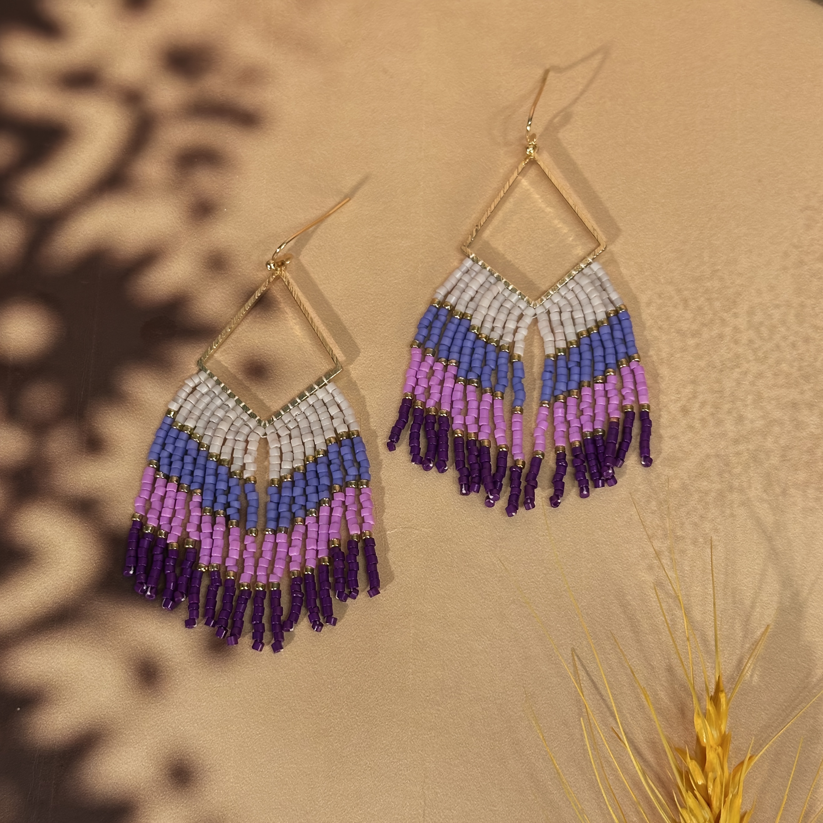 Women's Handmade Beaded Tassel Earrings, Rhombus Frame