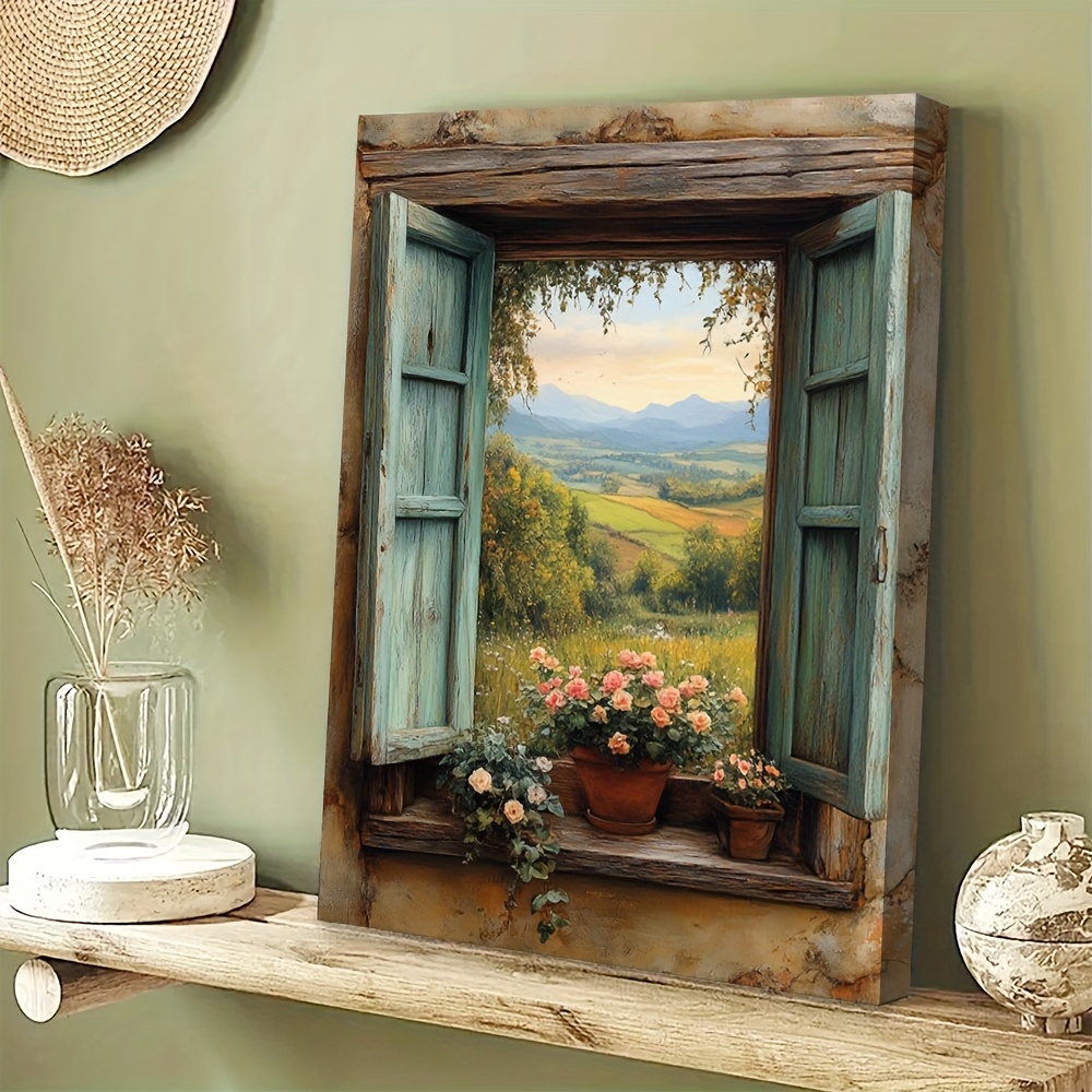 TEMU 2d Flat, 2d Flat, Unframed, Countryside Window Scene Canvas Art In A Vintage Lace Curtain Wall With A National Landscape Theme