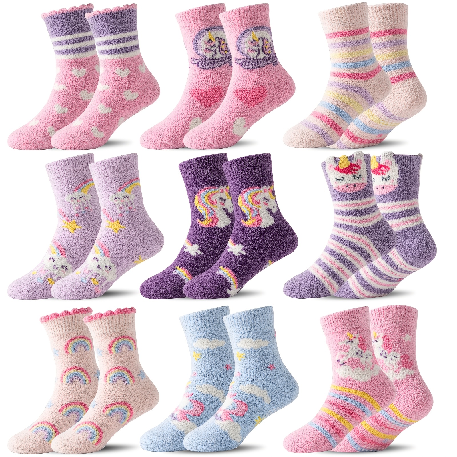 TEMU Kids Girls Toddlers Fuzzy Socks With Grips Non Slip Slipper Socks Fluffy Plush Warm Crew Winter Thick Fun Cozy Hospital Socks 9 Pairs