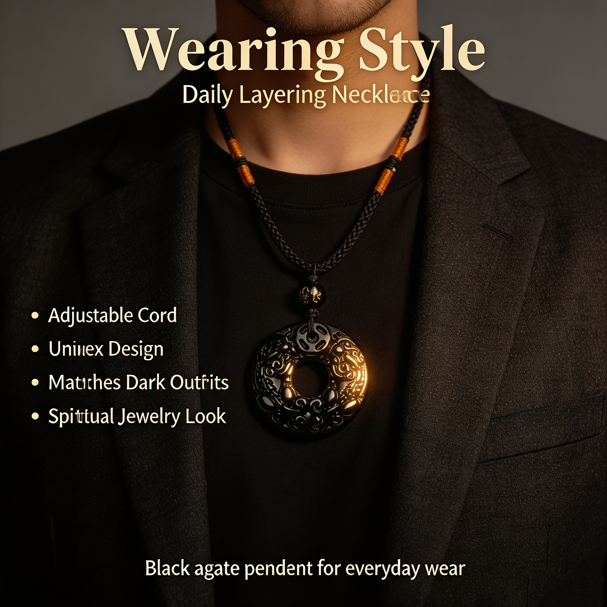 Black Agate Peace Pendant Necklace, Unisex Style