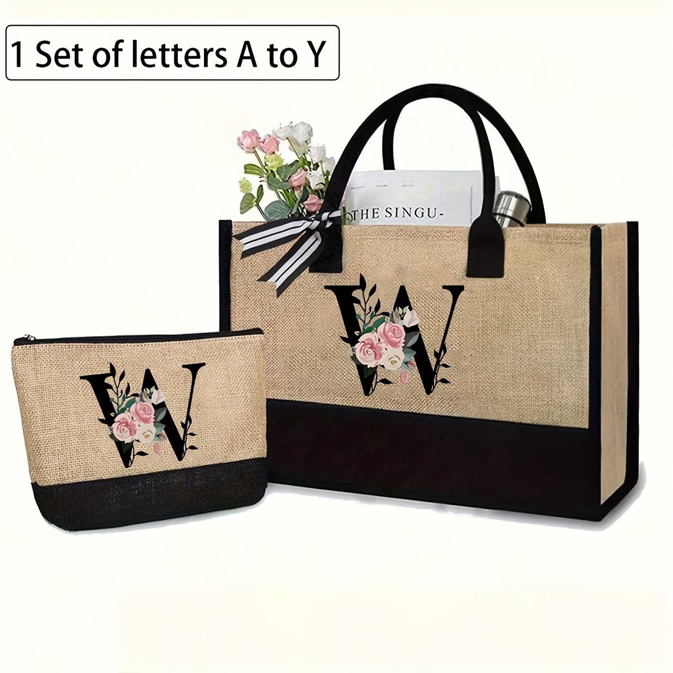 

Elegant 2pcs Canvas Tote & Makeup Bag Set - Initial, Weddings, Birthdays, Beach & School - Ideal Gift For Women, Moms, Teachers, Friends, Bridesmaids