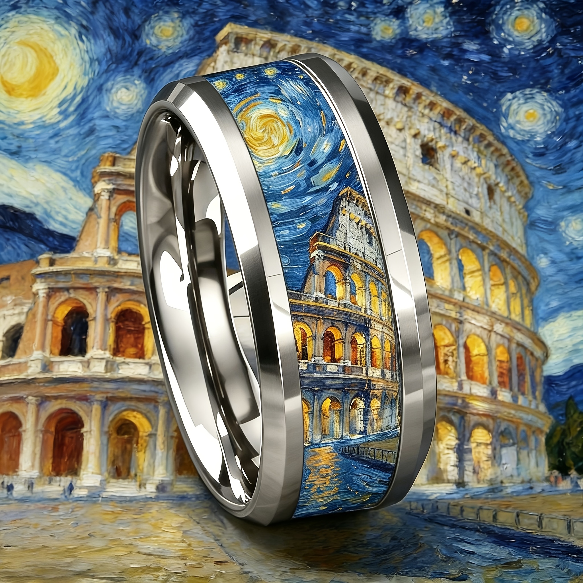 Van Gogh's Starry Night Colosseum Print 316 Stainless Steel Ring