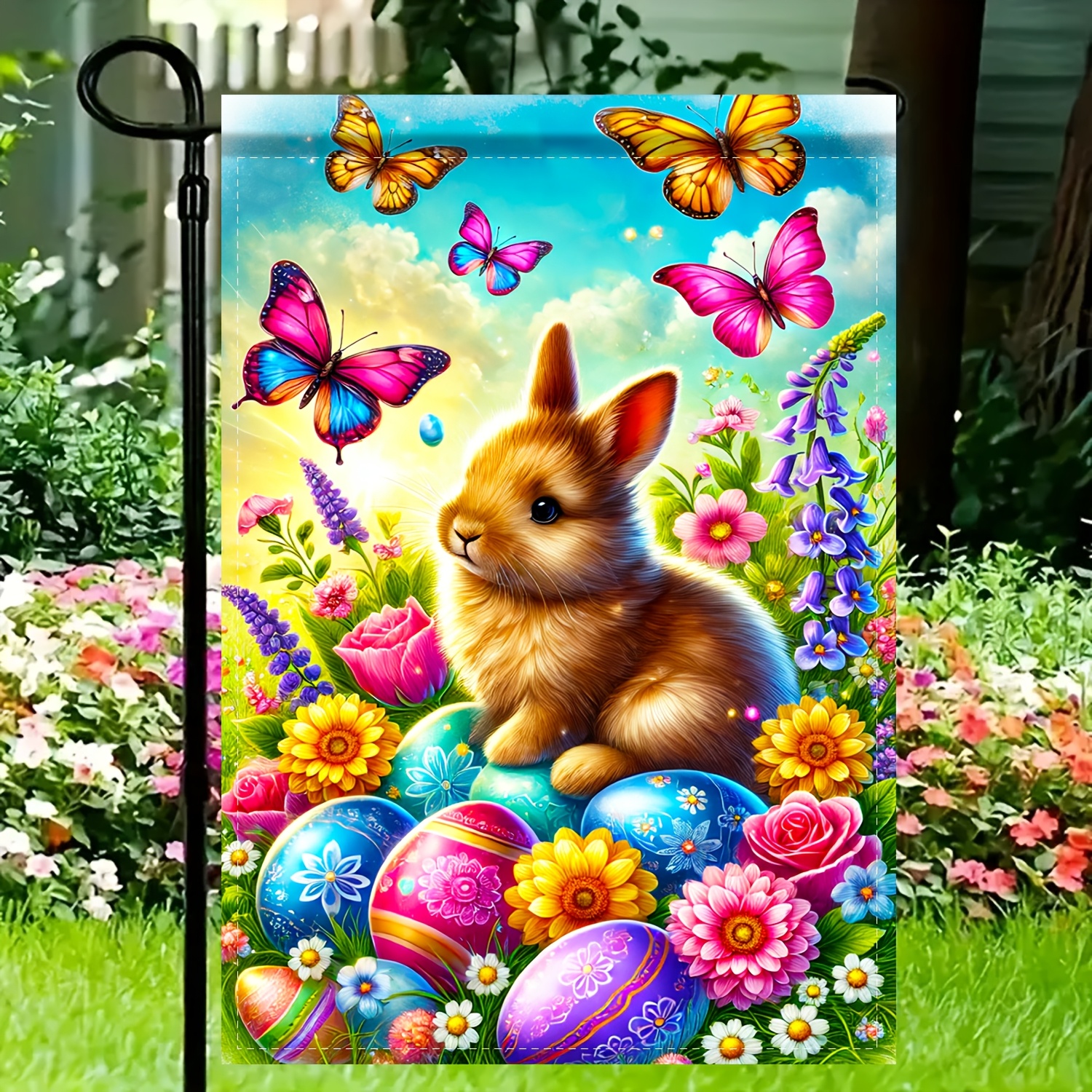 

Easter Bunny Garden Flag With Butterflies, Flowers & - Polyester Outdoor Lawn And Decor For Spring, No Flagpole Included, Spring Decor