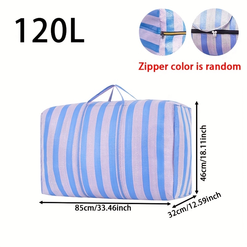 TEMU [moving Bag] 1pc Large Capacity Car Travel Mobile Storage Bag - With Durable Zipper And Handle, Thick Blue White Striped Luggage Bag,