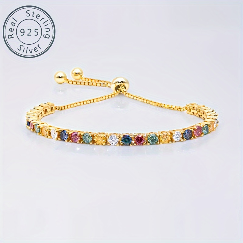 TEMU 1pc Elegant 18k Golden Plated 925 Sterling Silver With Multicolor Moissanite Stones, Adjustable Luxury Women's Jewelry For , Party, Valentine's