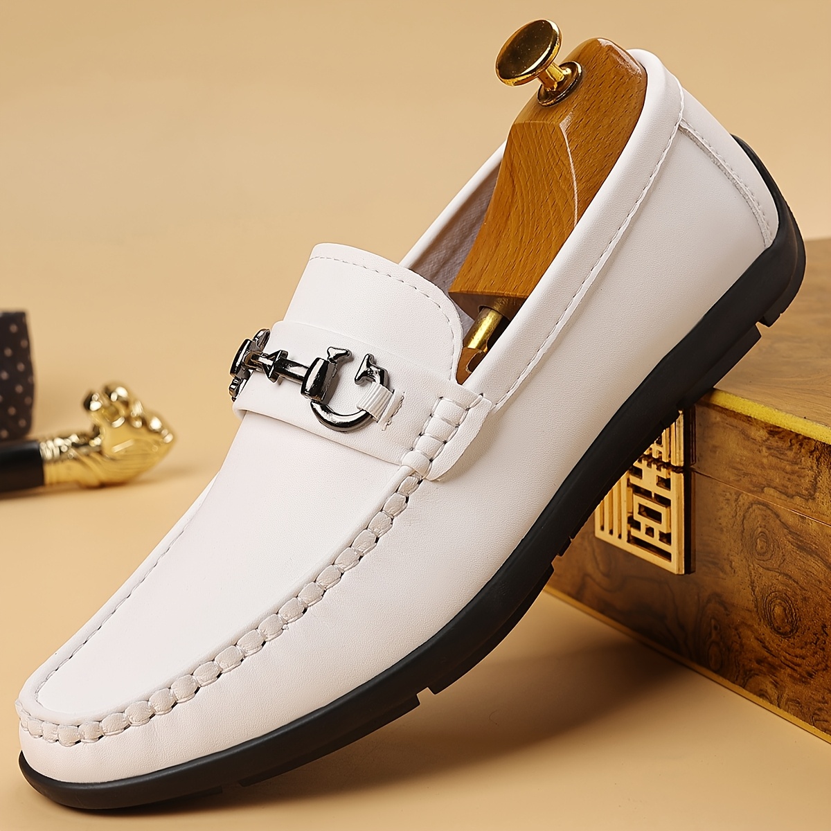 green emerald velvet dress Men's White Patent Leather Dress Shoes Gold Buckle 7012 – DESIGN MENSWEAR main image 1