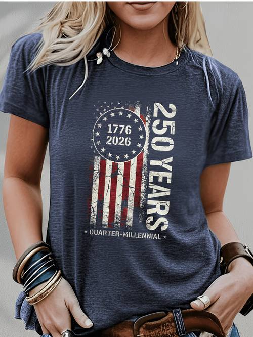 american flag 1776 2026 250th anniversary womens regular short sleeve fun cartoon pattern print round neck casual versatile machine washable stylish womens clothing comfortable breathable fabric easy and