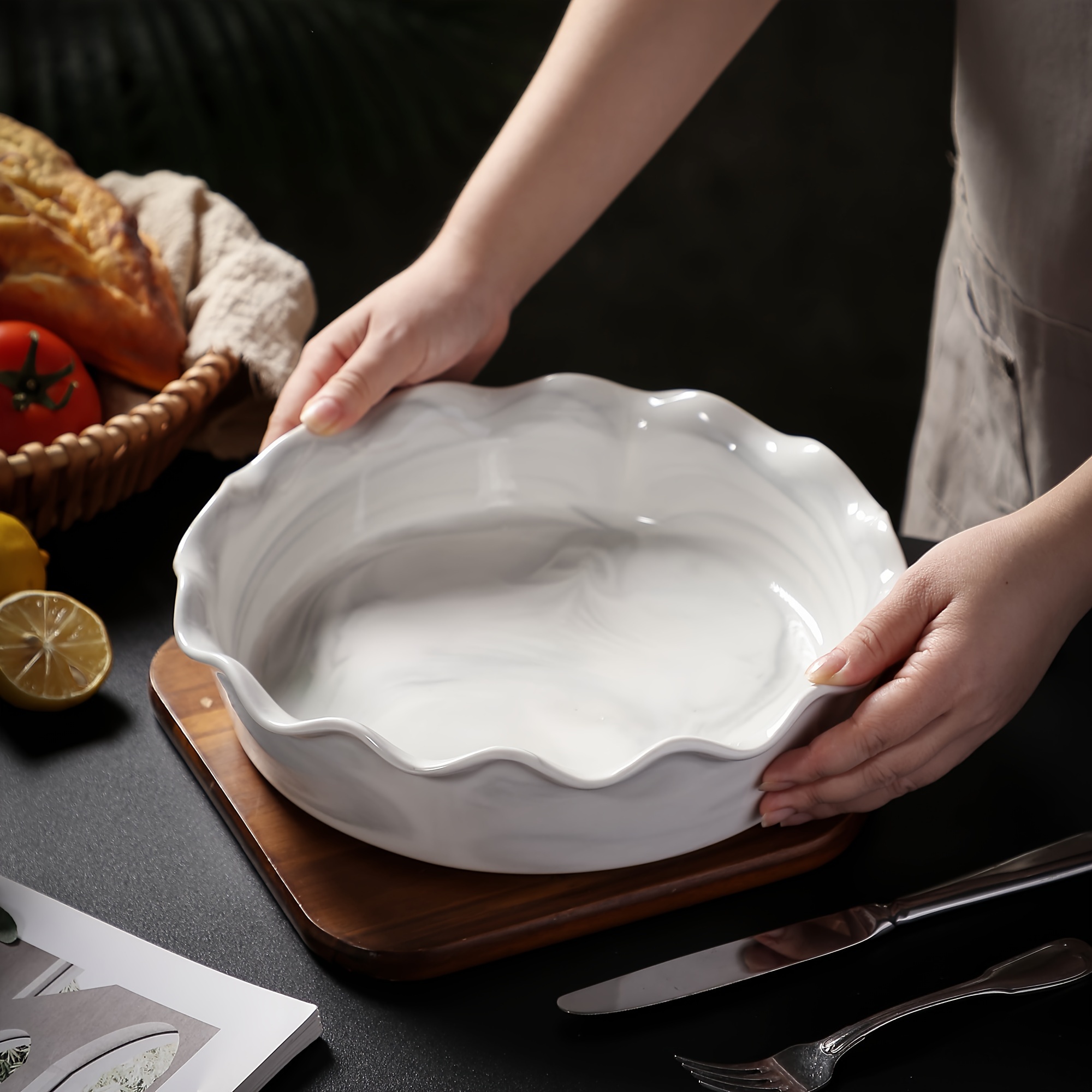 Round Flower Shaped Baking Dish, Marble Grey Porcelain Pie Pan, Oven To Table Baking Dish Ideal For Lasagne/pie/casserole, 1800ml