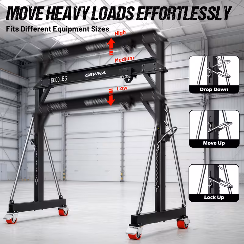 crane 5000lbs steel construction adjustable height 8 53 12 47ft with 360 locking wheels portable shop hoist for auto repair Product details 2