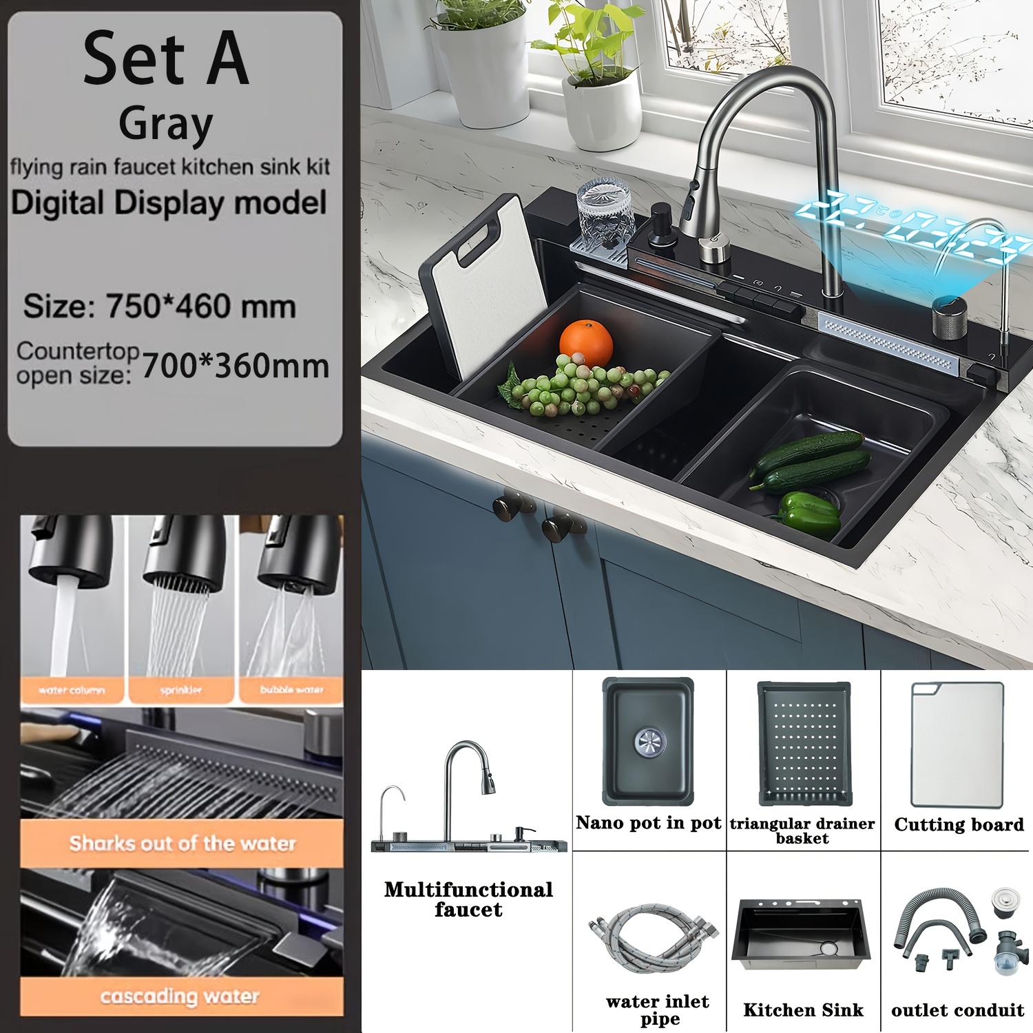 Image of Single-bowl Waterfall Sink, Cup Cleaner, Soap Dispenser, Waterfall Mixer Faucet, And Countertop Controls. Workstation- Sink, With Led Display Functionality (gray/brushed Golden, Dimensions: 75 X 46cm)