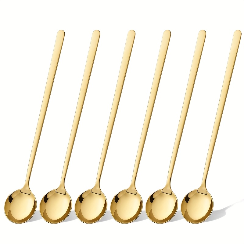 TEMU 6pcs Golden Long Coffee Stirring Spoons, Stainless Steel Round Dessert Spoon With Handle, Suitable For Home And Restaurant Use, Dishwasher Safe