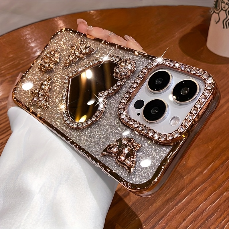 New Love Shape Glitter Mirror Phone Case for IP16 IP 16 Pro Max 15 Pro 14 PLUS 13 12 11 XS, Double Row Of Synthetic Diamonds Luxurious Glitter Feel with Lens Protection, Durable, Shockproof