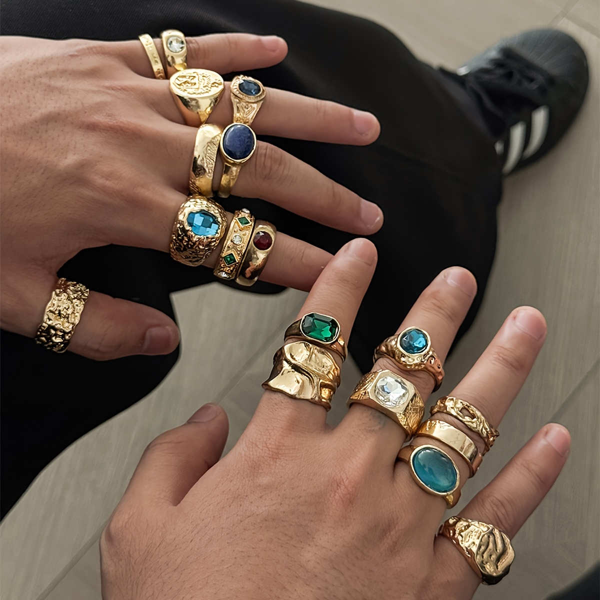 TEMU 18pcs Vintage Trendy Individual Geometric Metal Rings, Inlaid Multicolor, Golden Stackable Knuckle Rings, Men' Party Additions, Gift For Father,