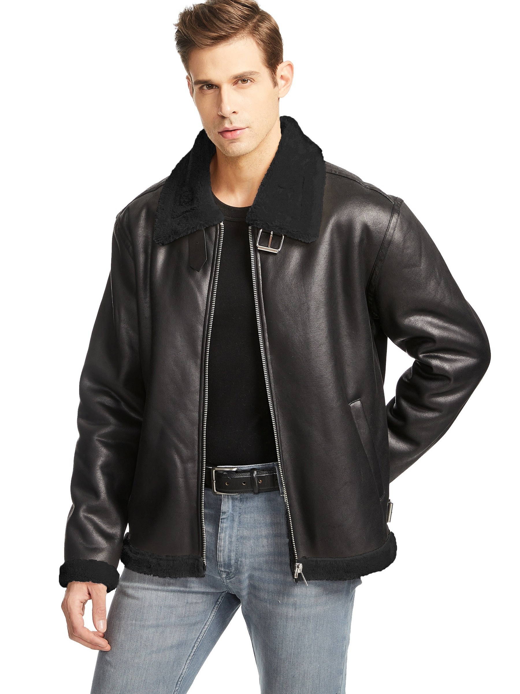 Warm Fleece Pu Jacket Men's Casual Solid Color Zip Lapel - Temu