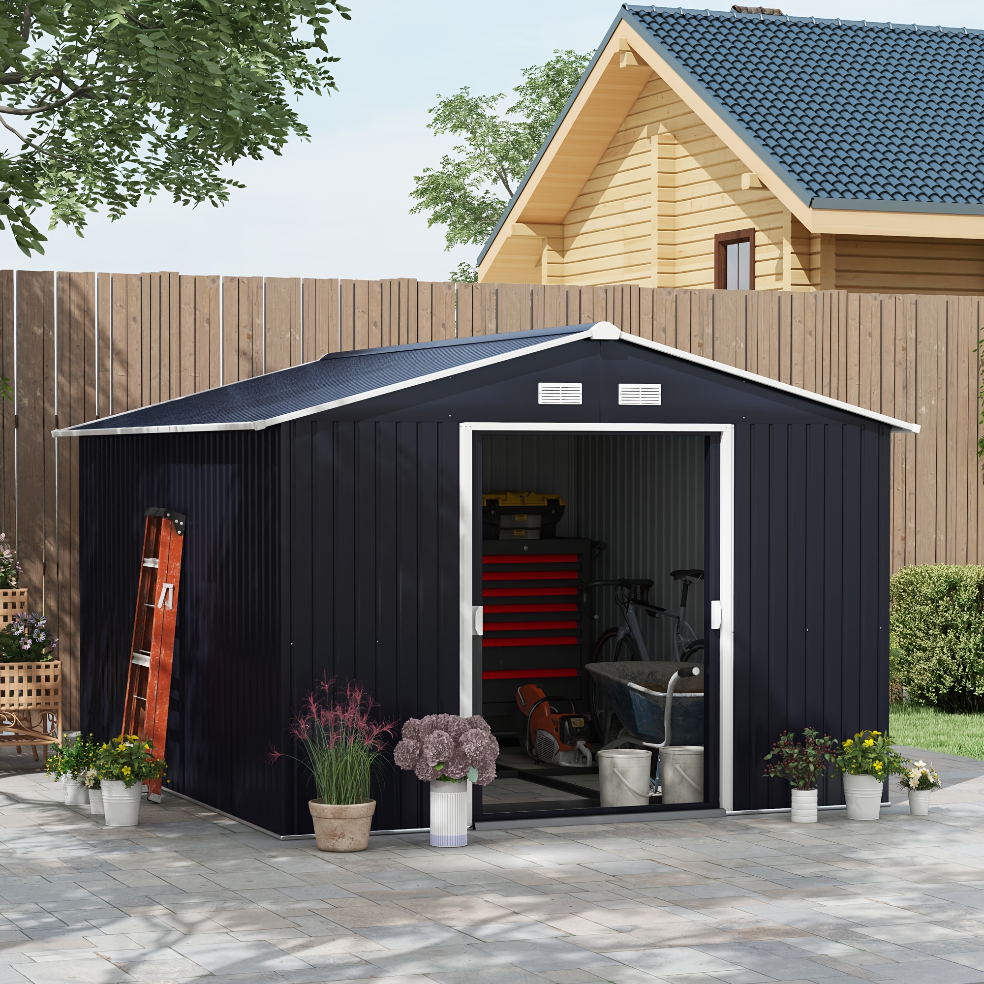 

Outsunny 11' X 9' Outdoor Storage Shed, Garden With Foundation Kit, 4 Vents And Sliding Doors For Backyard, Patio, Garage, Lawn, Dark Gray