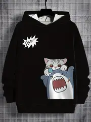 mens 3d cartoon cat shark print hoodie casual long sleeve pullover with kangaroo for details 3