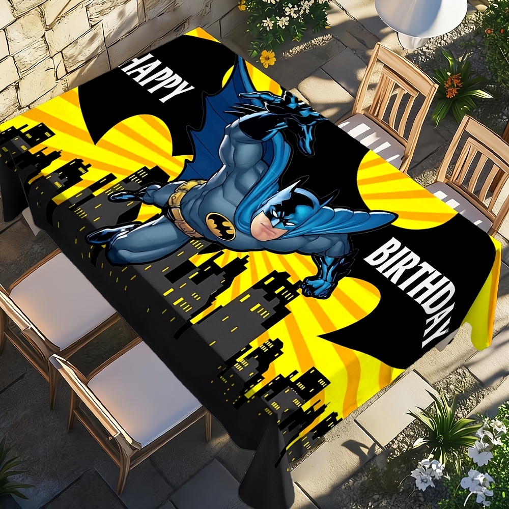 TEMU 1pc Tablecloth, . Superhero Design, Blue And Black Costume With Bat Logo, City , Yellow Pattern, Includes "happy Birthday" Text, Birthday Theme.