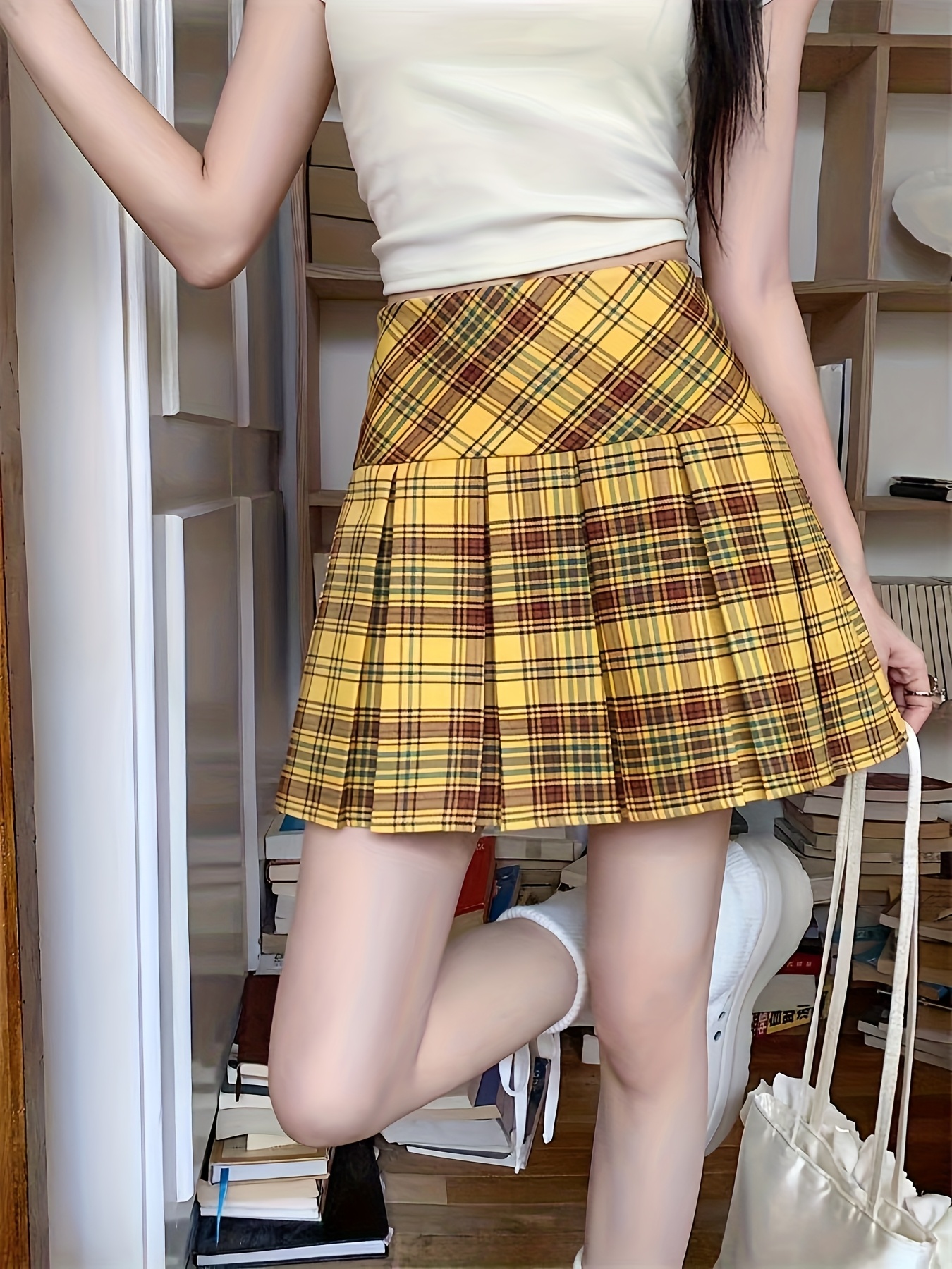 Women'S High-Waisted Pleated Skirt A-Line Short Length with Pink Brown  Plaid Pattern Fit for Casual Formal Outfits, Summer Fashion, No Belt
