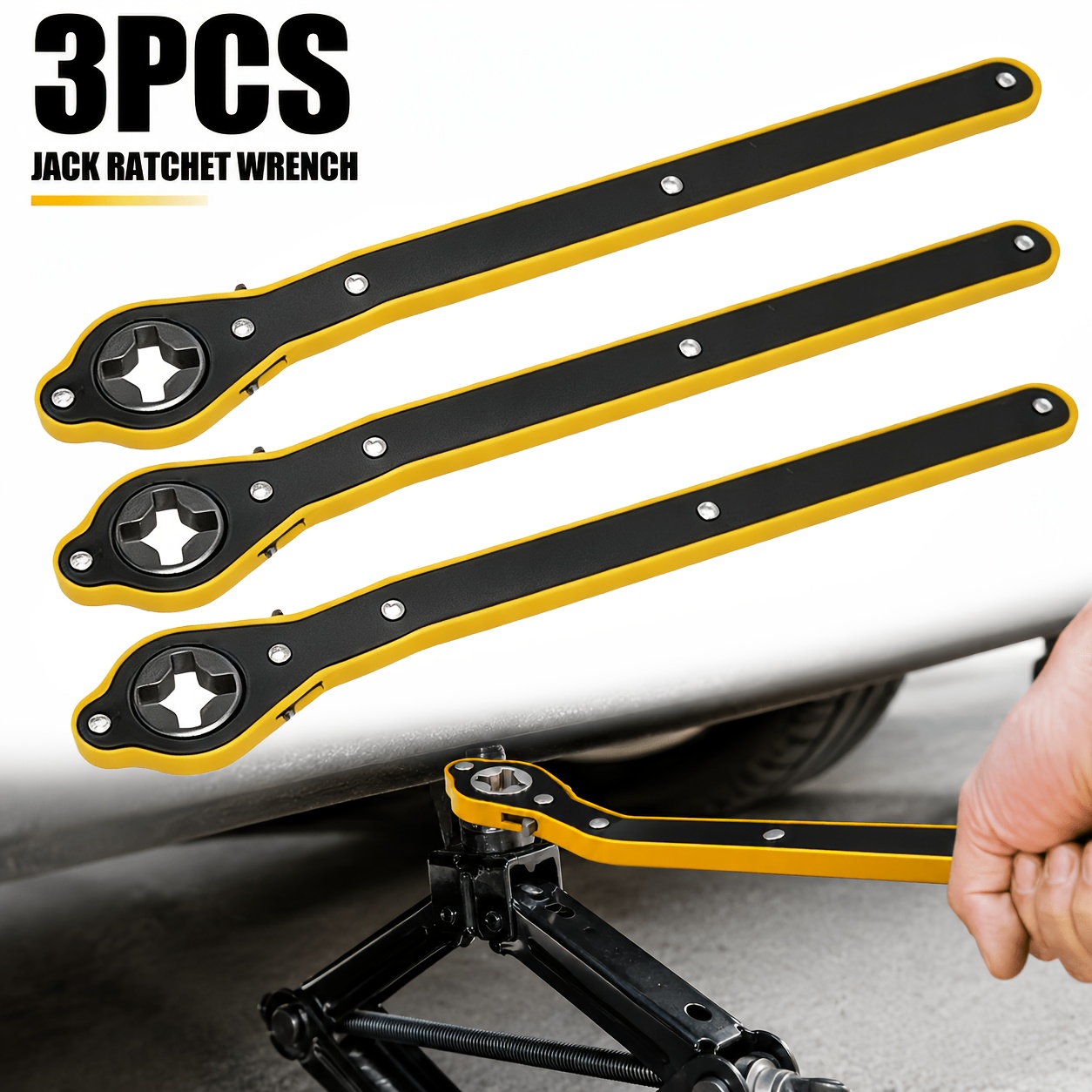 TEMU 3pcs Car Jack Ratchet Wrench Set, 360-degree Rotating Knob Heavy-duty Metal Crane Wrench, Heavy-duty Car Labor-saving Ratchet Wrench, Suitable