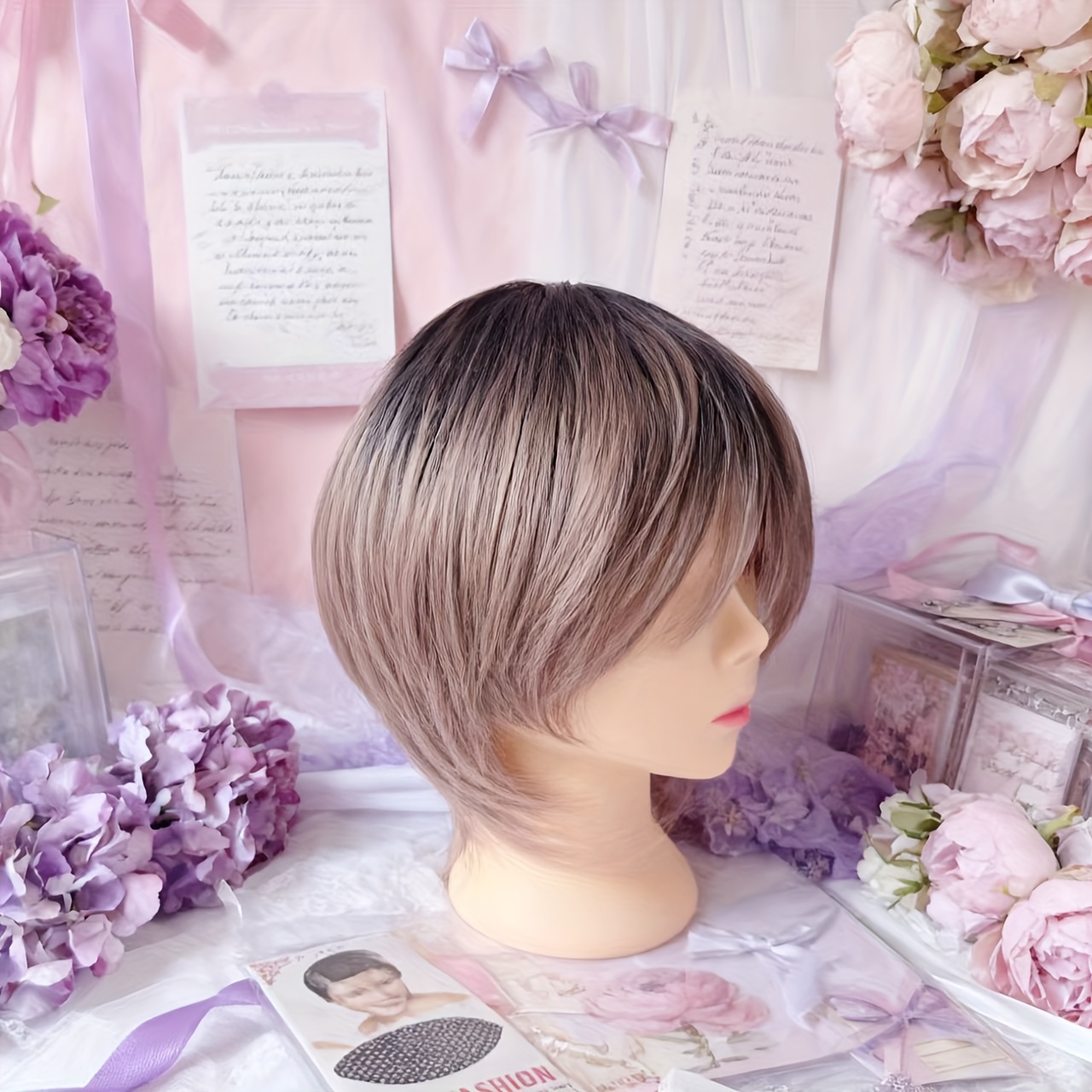 TEMU 【新商品】フルヘッドカバーウィッグ、店内で同じスタイルのヘアネット！耐熱シルク通気性ローズネット、高級感のあるショート狼の尾ハイス、最後まで滑らか、ふわふわ、顔が小さく見える、万能な性格、ファッショナブル
