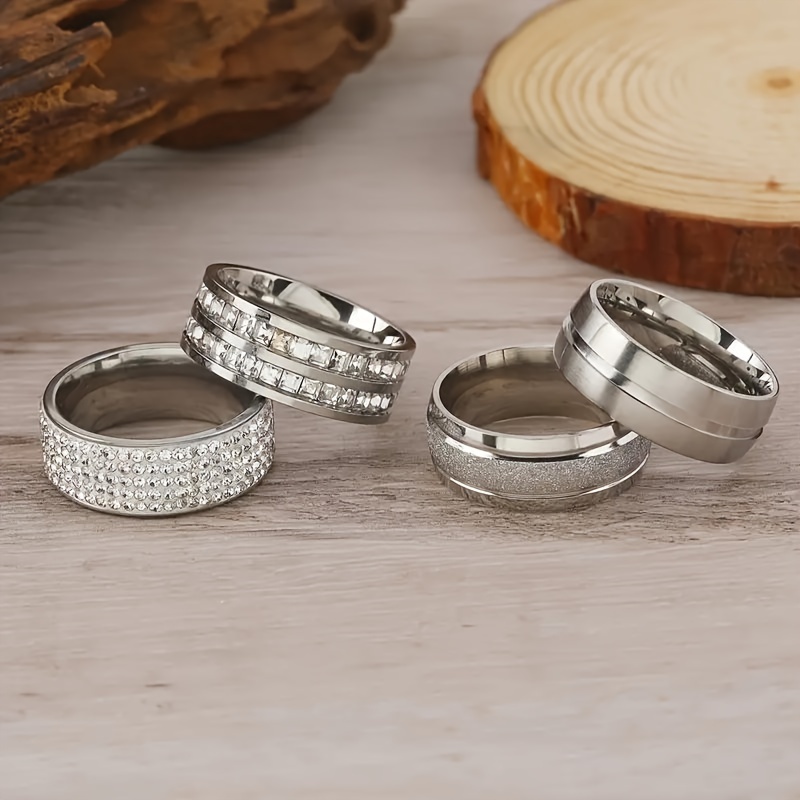 

4pcs Set: & Fade-resistant Men's Rings - Perfect Gift Idea, Hip Hop Style With Crystal Inlay & Stainless Steel, For Wedding