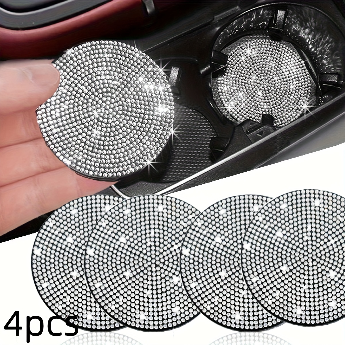 TEMU 2pcs /4pcs Bling Car Cup Holder Coaster, 2.75 Inch Anti-slip Shockproof Universal Coasters Insert Bling Crystal Rhinestone Automotive Interior