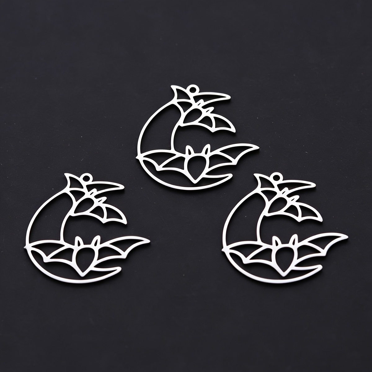 TEMU 3pcs 304 Stainless Steel Bat & Moon Charms, Halloween Hollow Pendants For Making