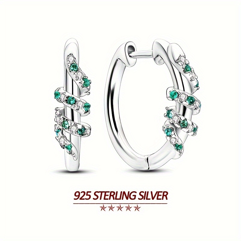 

925 Sterling Silver Huggie Earrings, Hypoallergenic Elegant Style Snake Design Hoop Earrings With Emerald Green Cubic Zirconia Decor, Luxury Jewelry Gifts For Women