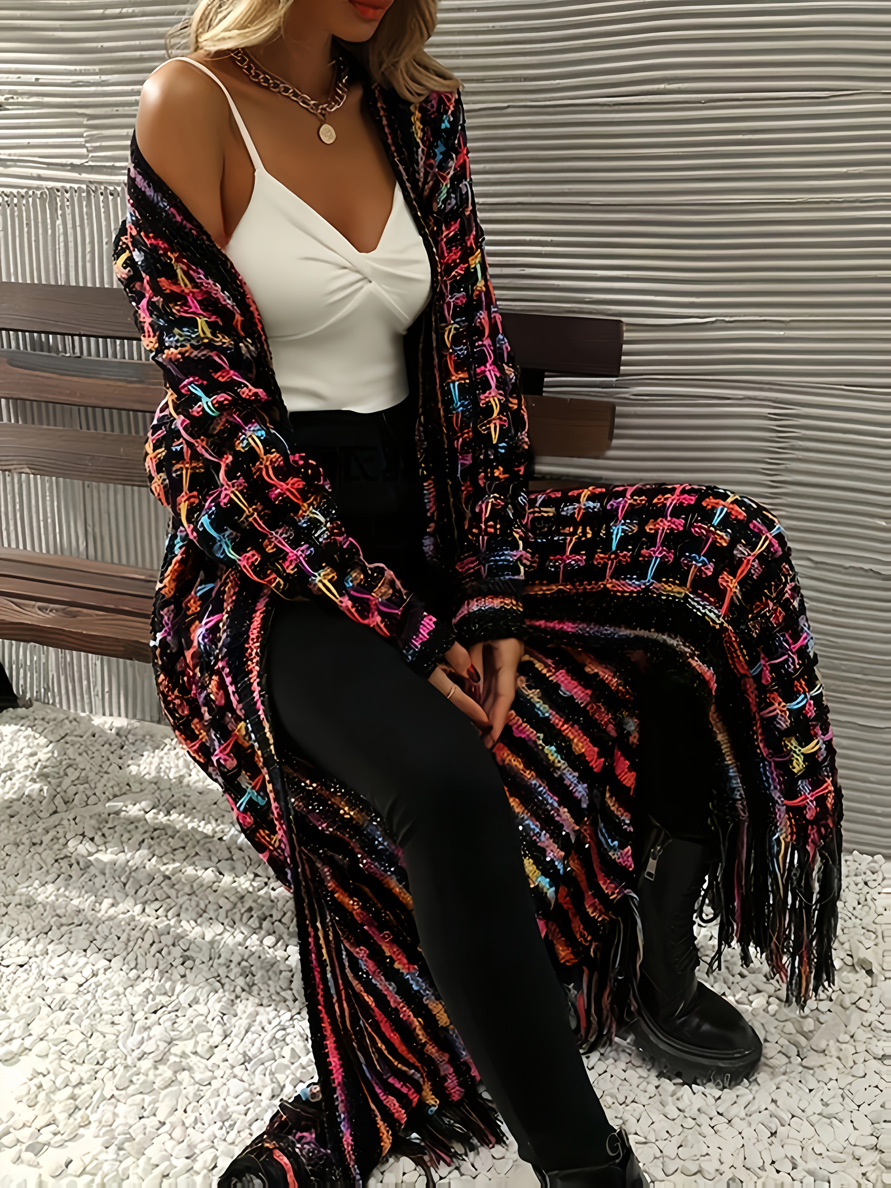 womens bohemian fringe hem cardigan sweater plaid collar hem open front loose fit long sleeve coat with fringe tassels multi color geometric pattern for fall   casual festive outfits inclusive sizing  