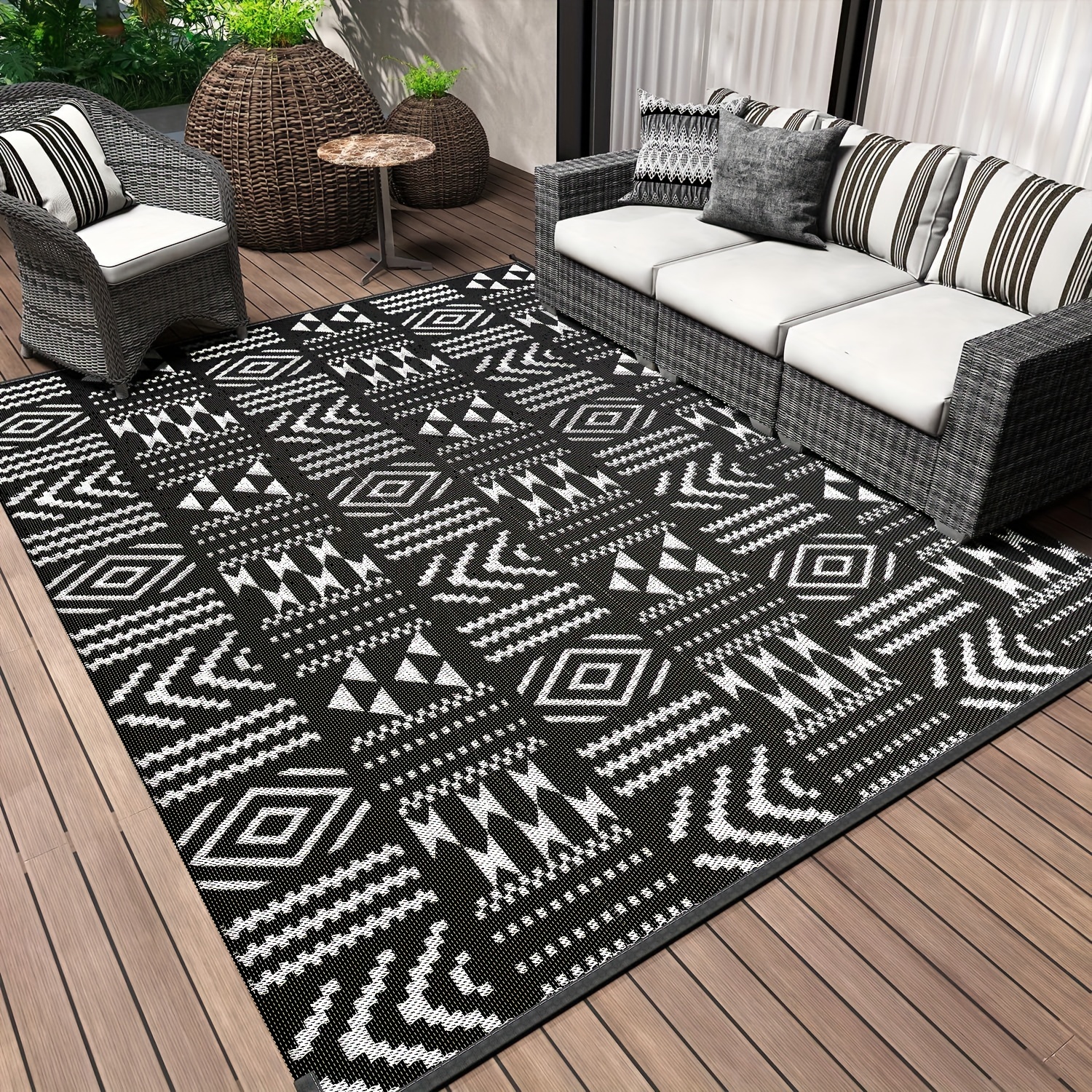 

1pc Waterproof Outdoor Rug Reversible Geometrical Outdoor Plastic Straw Rug Outdoor Patio Rug For Camping Outside Rv Mat, Indoor Outdoor Rugs Carpet For Rv, Picnic, Backyard, Deck, Balcony, Porch