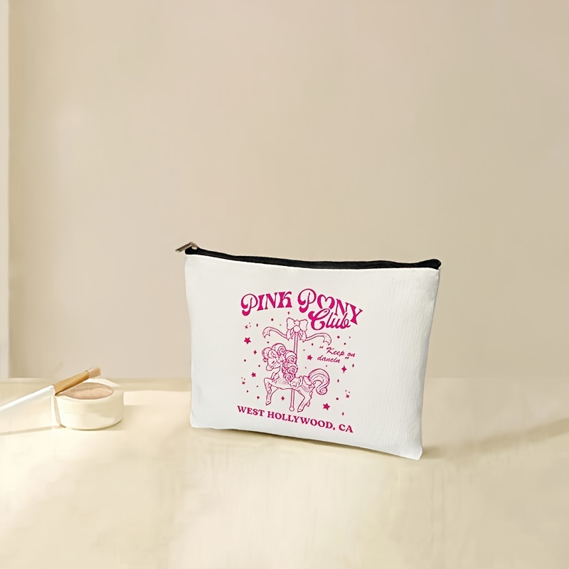 

Chic Pink Pony Club Makeup Bag - Lightweight, Foldable Cosmetic Pouch With Zipper For Travel & Party Gifts, White Polyester